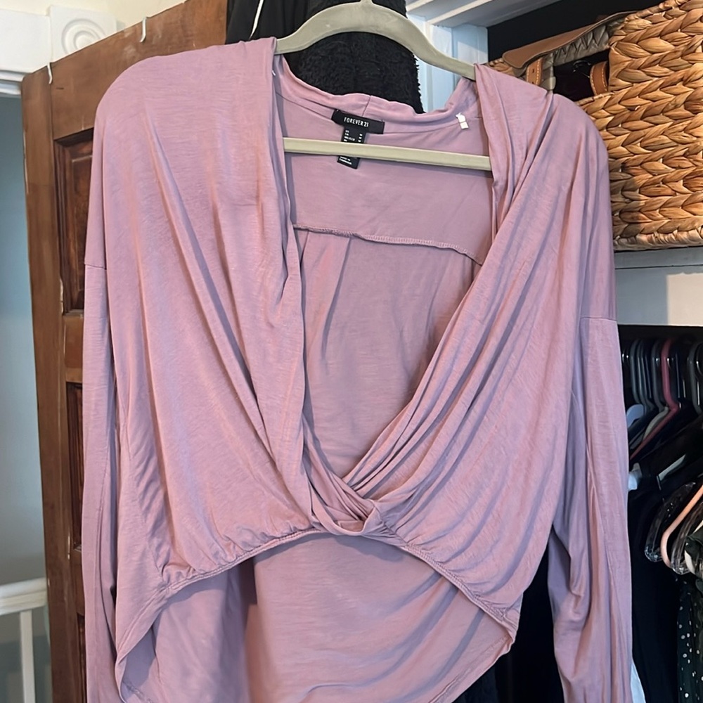 Light Lavender Open V Neck Top Long Sleeve